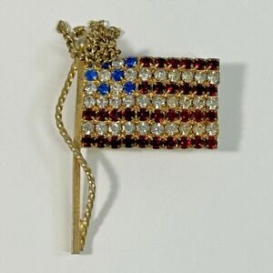 Vintage Unbranded Brooch Pin American Flag Rhinestone Chain Patriotic July 4th
